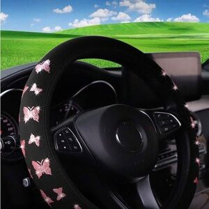 Black Steering Wheel Cover with Pink Butterflies